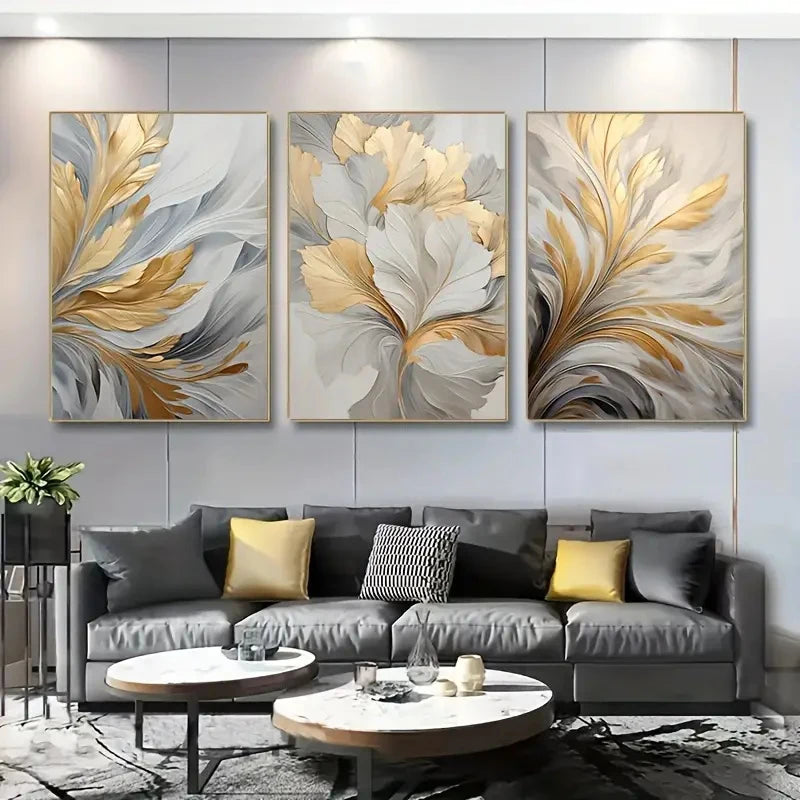 3Pcs/Set Golden White Leaves Poster Canvas Print Wall Art Luxury Posters Living Room Bedroom Office Hallway Decoration Painting