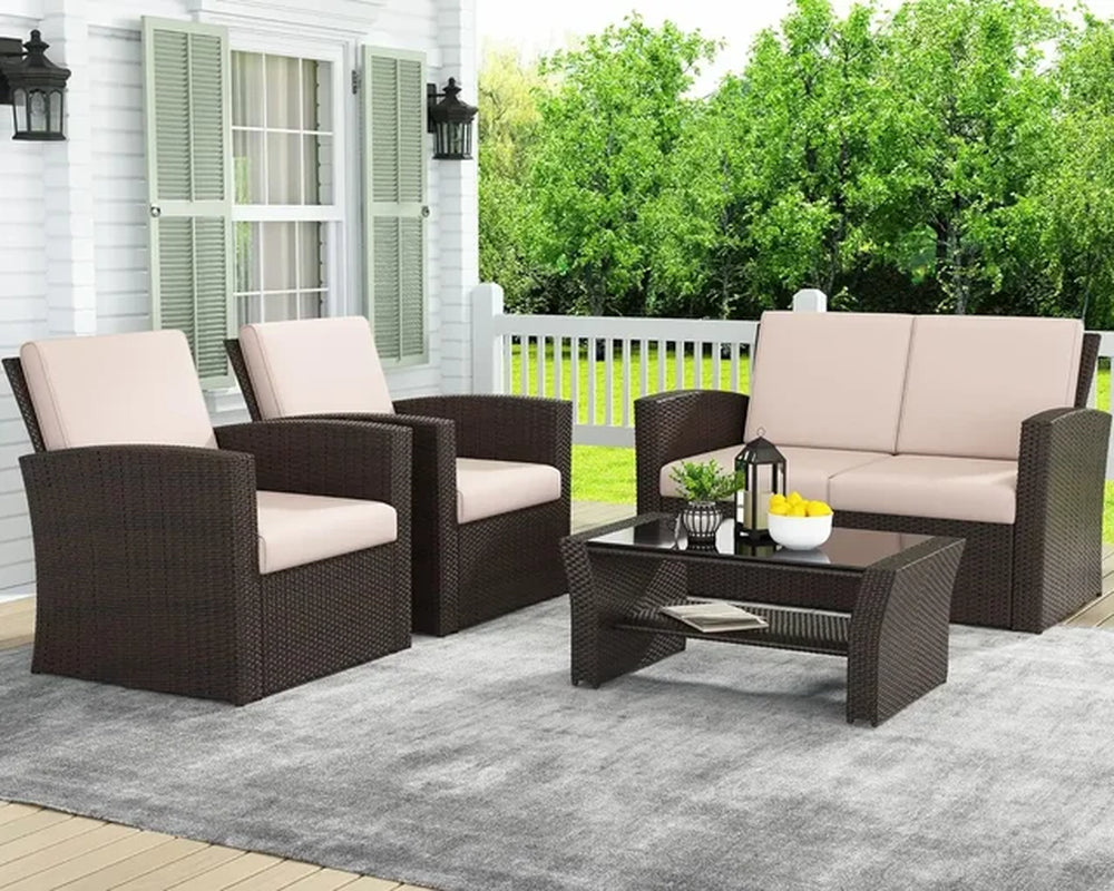 4 Piece Outdoor Patio Furniture Sets, Rattan Sofa Chair with Cushion for Backyard Lawn Garden (Brown)