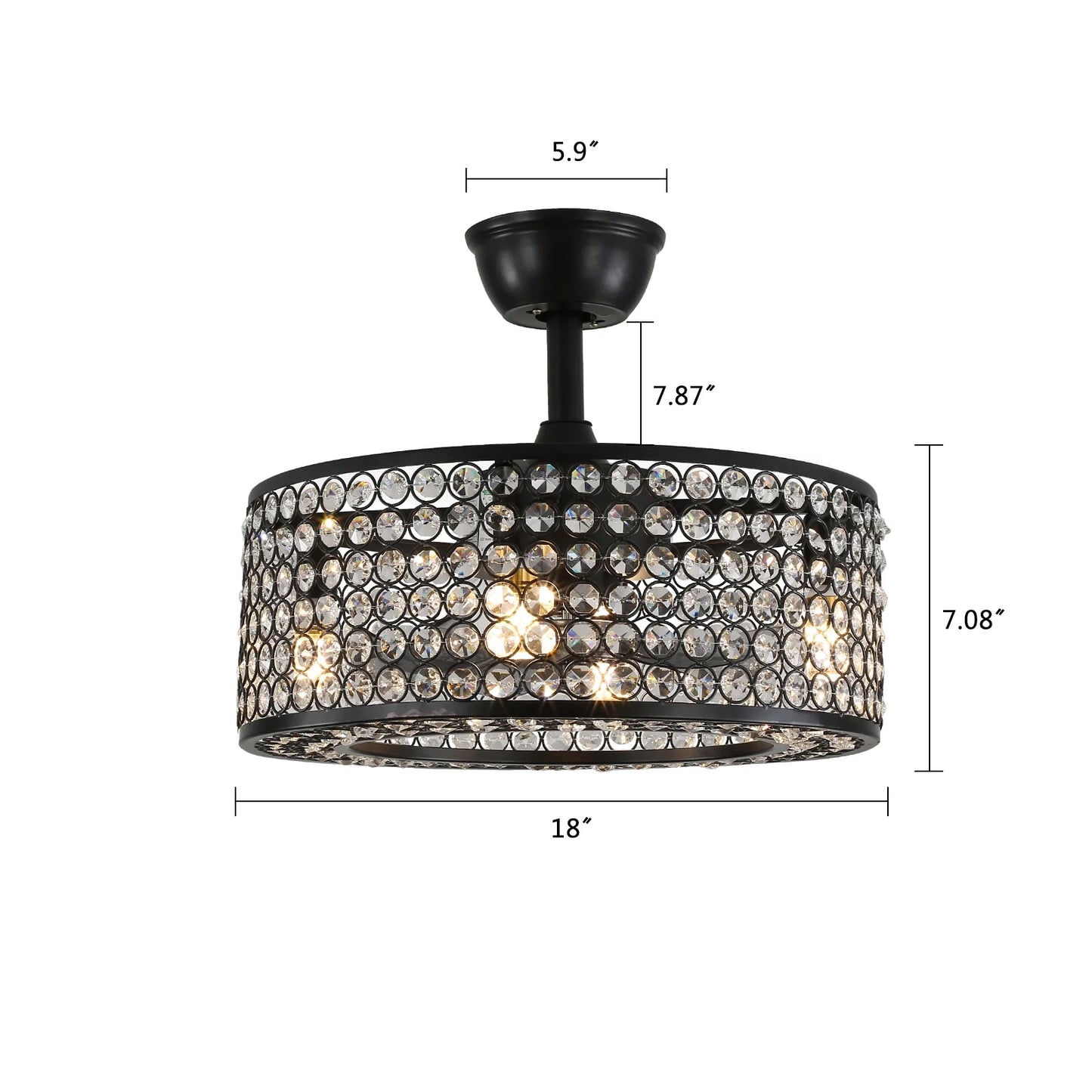 18" Caged Crystal Ceiling Fan Light Modern Enclosed Invisible Chandelier 7 Blades 3 Speed Remote Pendant Lamp 4Xe14