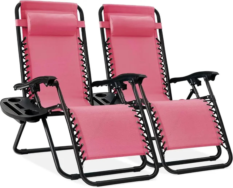 Set of 2 Adjustable Steel Mesh Zero Gravity Lounge Chair Recliners W/Pillows and Cup Holder Trays, Outdoor Lounge Chair