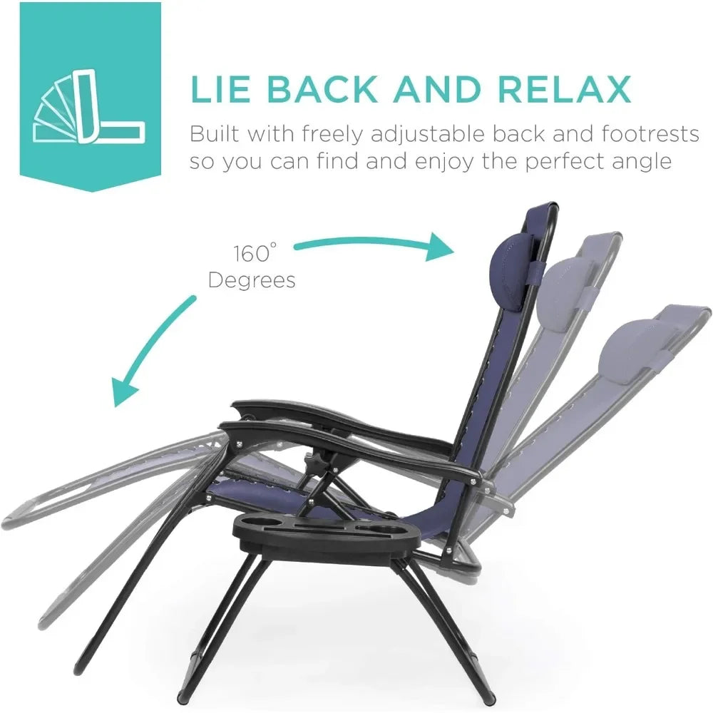 Set of 2 Adjustable Steel Mesh Zero Gravity Lounge Chair Recliners W/Pillows and Cup Holder Trays, Outdoor Lounge Chair
