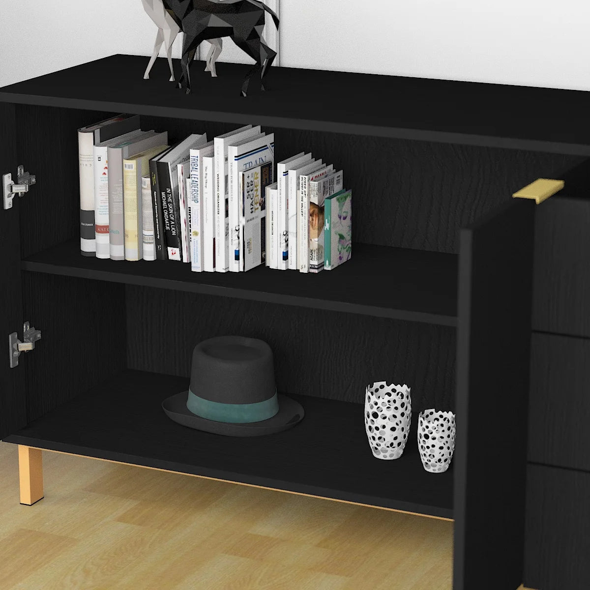 Console Table with Storage and Drawers, Modern Wood Entryway Console Table with 2 Cabinet Doors, Black