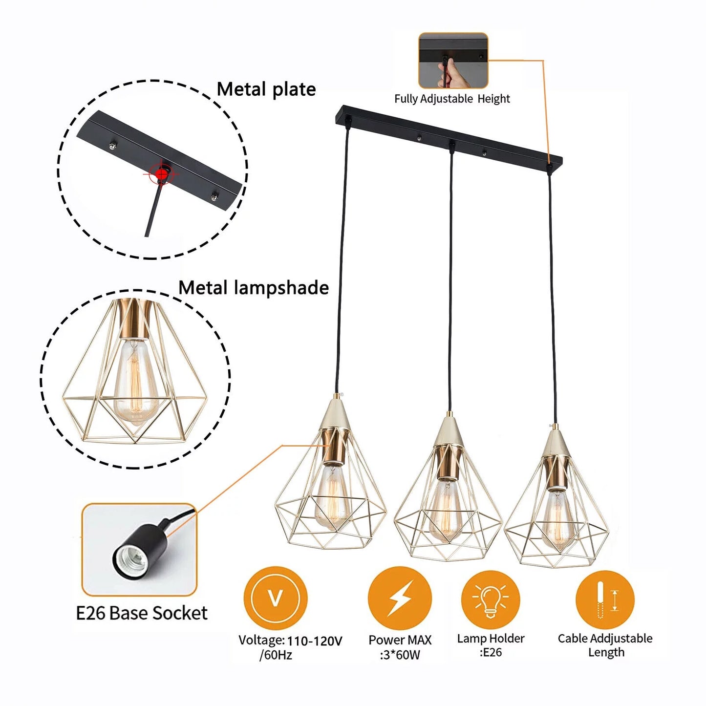 Vintage Industrial Chandelier Champagne Gold Metal 60W 3Xe26 Pendant Light Adjustable Hanging Lamp for Kitchen