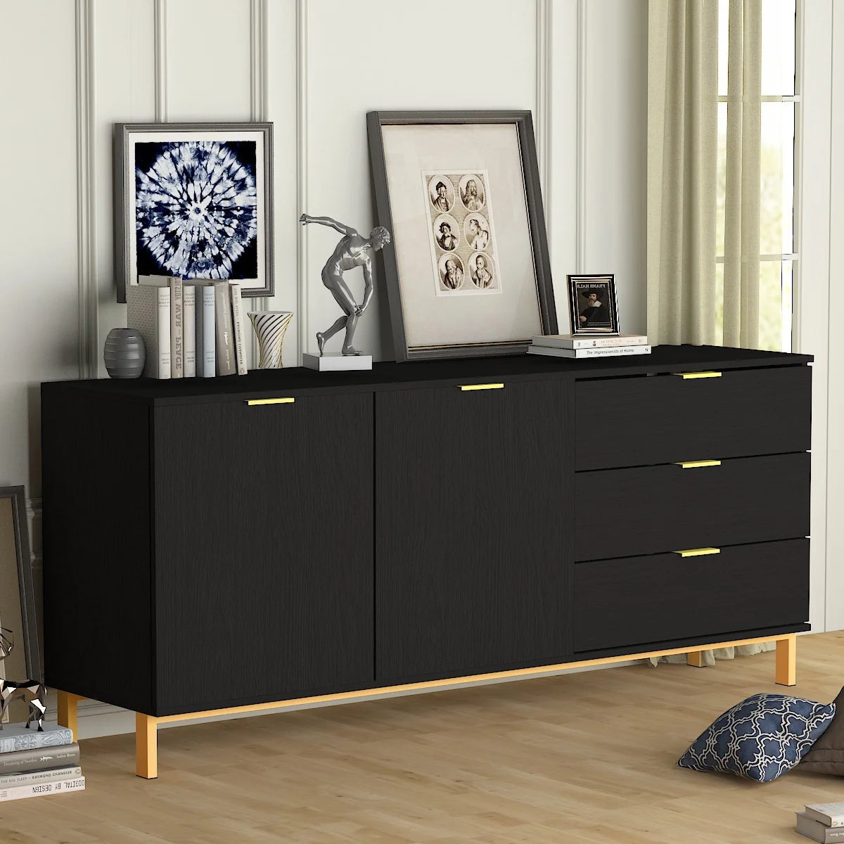 Console Table with Storage and Drawers, Modern Wood Entryway Console Table with 2 Cabinet Doors, Black