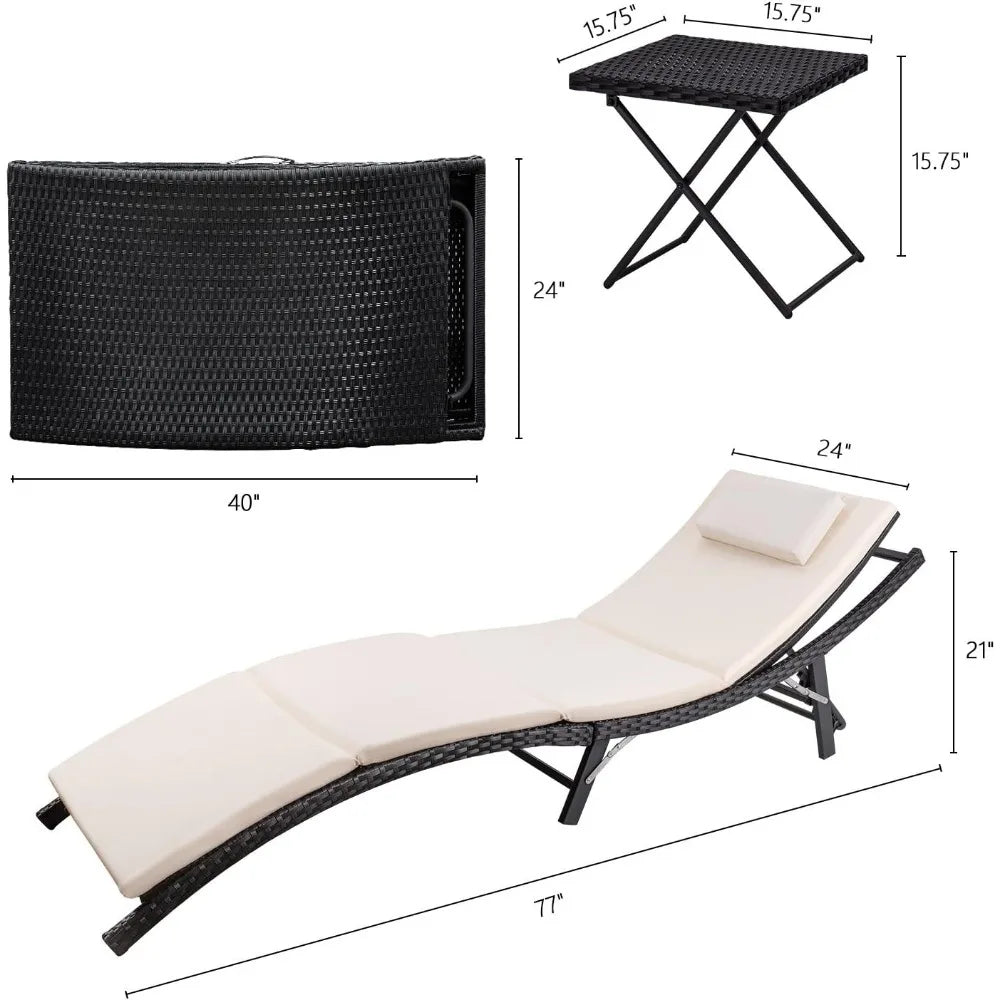 Outdoor Chaise Lounge Chair, 3 Pieces Chaises Set with Folding Table Poolside Rattan Reclining , Outdoor Chaise Lounge Chair