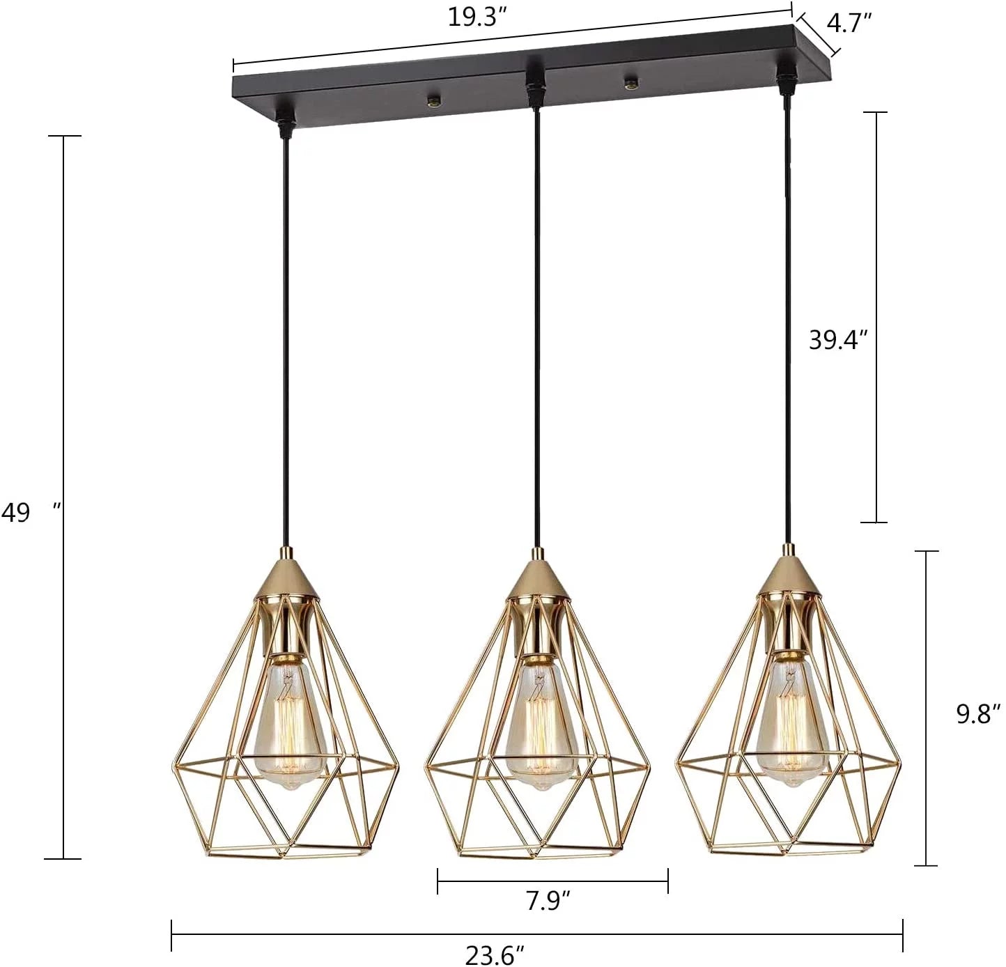 Vintage Industrial Chandelier Champagne Gold Metal 60W 3Xe26 Pendant Light Adjustable Hanging Lamp for Kitchen