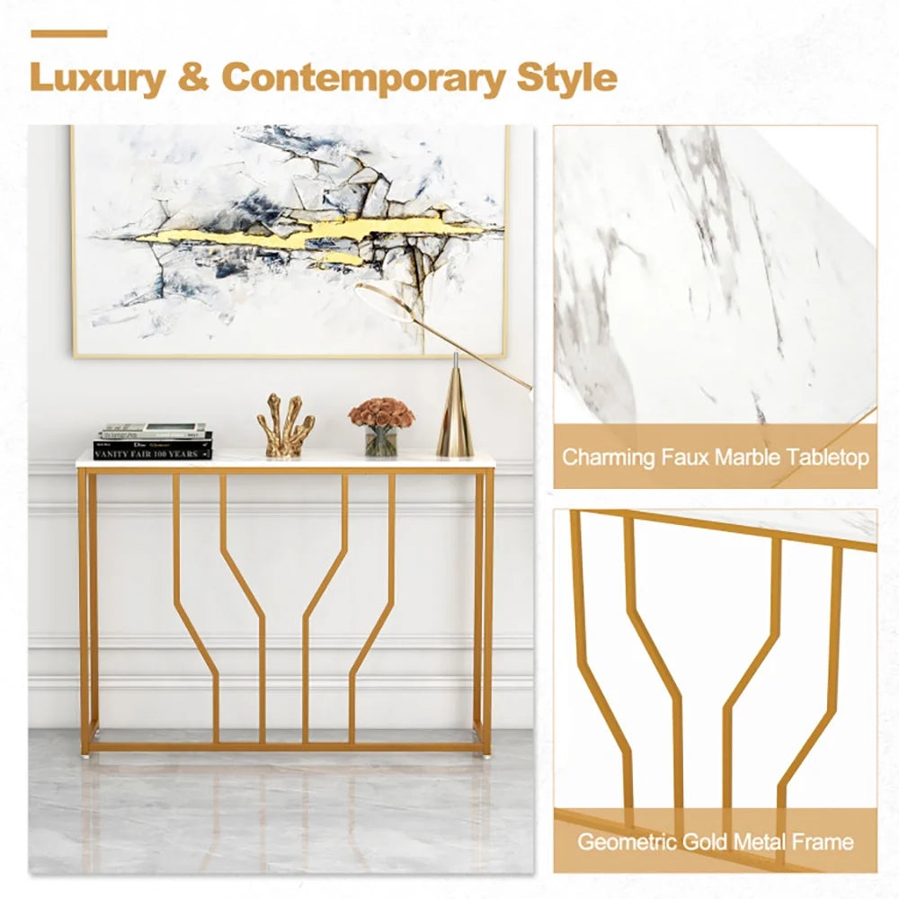 Console Table, Sofa Table, Narrow Entryway Table,44 Inch Modern White Entryway Table with Faux Marble Tabletop-White