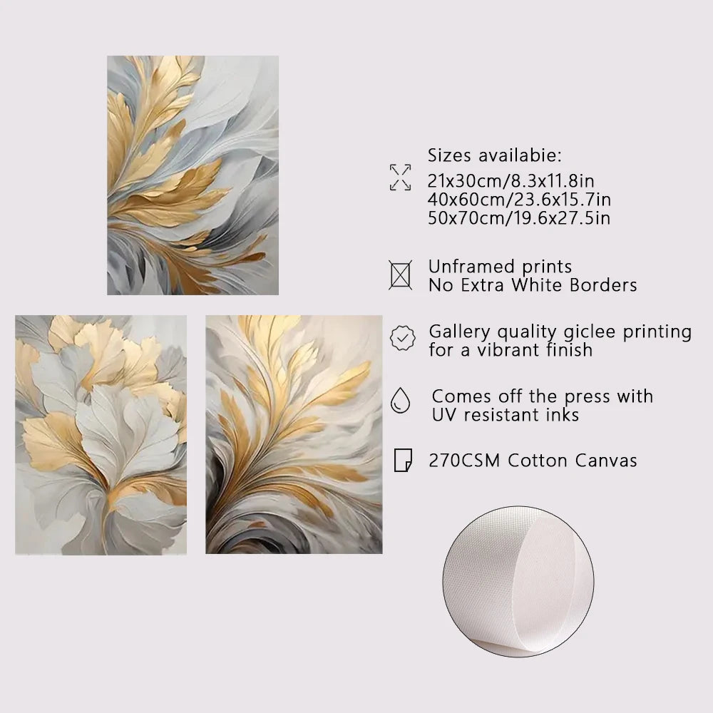 3Pcs/Set Golden White Leaves Poster Canvas Print Wall Art Luxury Posters Living Room Bedroom Office Hallway Decoration Painting