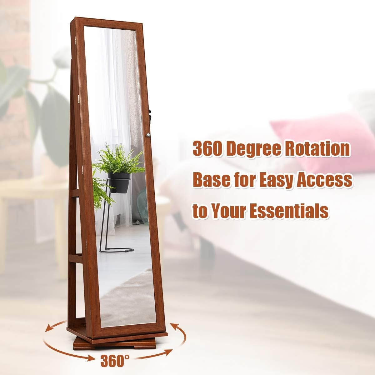 360° Swivel Jewelry Armoire with Higher Full Length Mirror, Standing Lockable Jewelry Cabinet Organizer with Large Storage Capacity, inside Makeup Mirror, Rear Storage Shelves (Walnut)