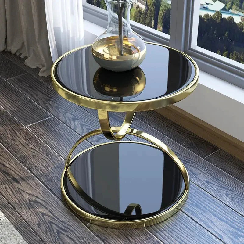 Light Luxury Tempered Glass Double Corner Table Living Room Sofa Side round Table Postmodern Balcony Coffee Table GN741TB