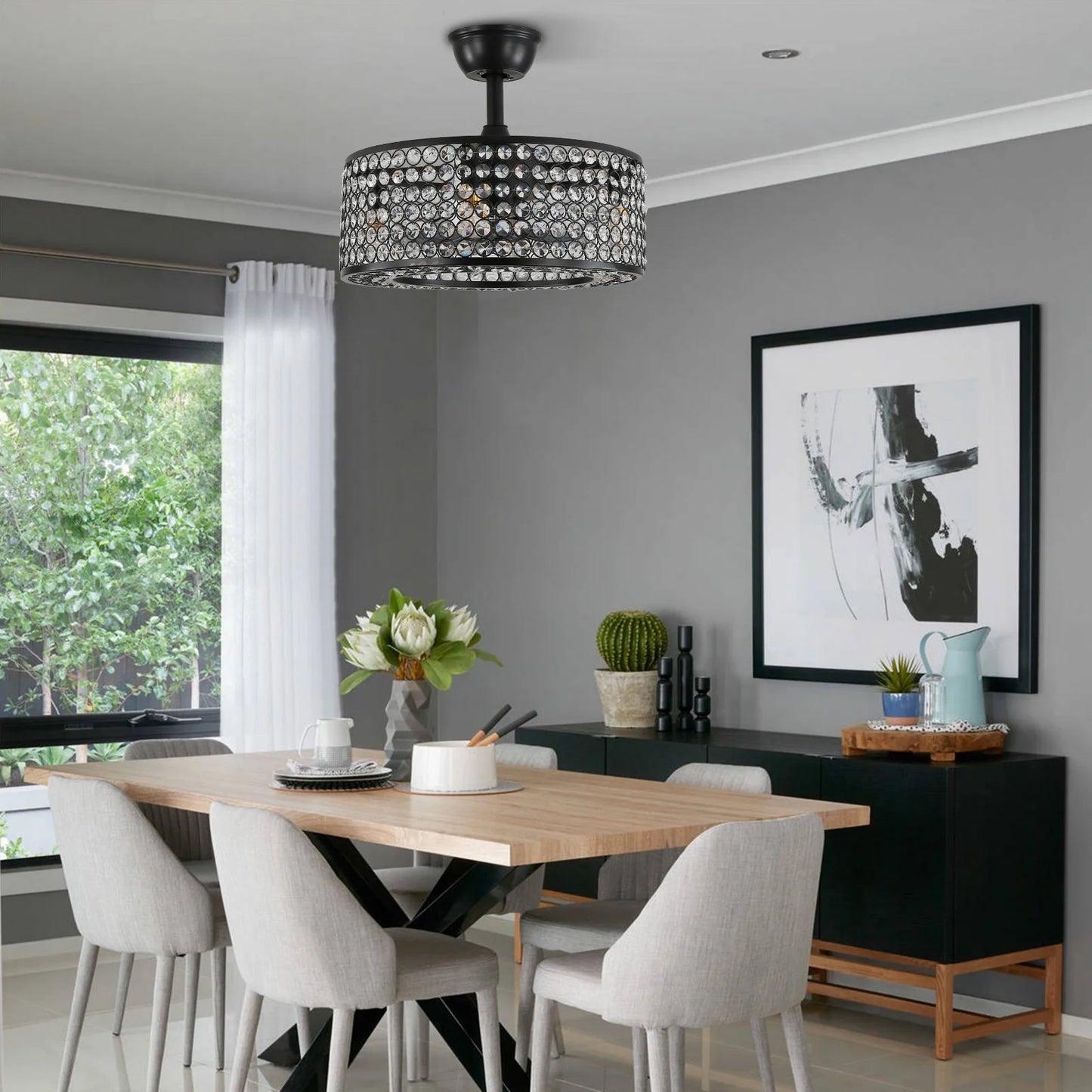 18" Caged Crystal Ceiling Fan Light Modern Enclosed Invisible Chandelier 7 Blades 3 Speed Remote Pendant Lamp 4Xe14