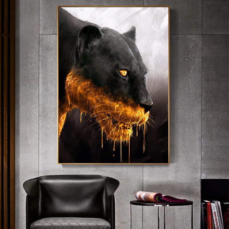 Hunting Black Golden Panther Luxury Canvas Painting Animal Posters and Print Wall Art Pictures for Living Room Home Decor