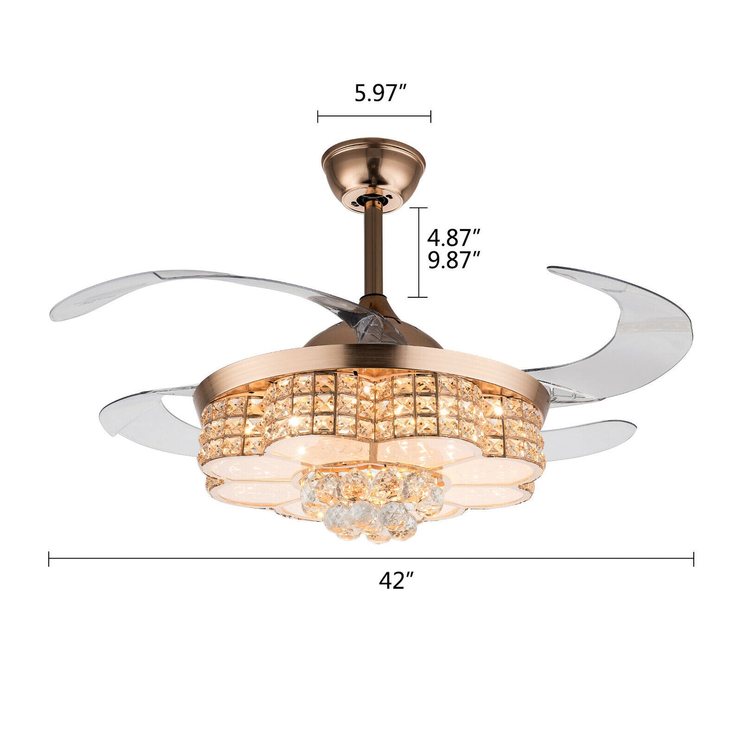 42" Crystal Ceiling Fan with Light, LED Dimmable Gold 3-Color 3-Speed Retractable Pendant Fan Lamp W/Remote