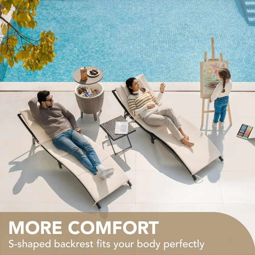 Outdoor Chaise Lounge Chair, 3 Pieces Chaises Set with Folding Table Poolside Rattan Reclining , Outdoor Chaise Lounge Chair