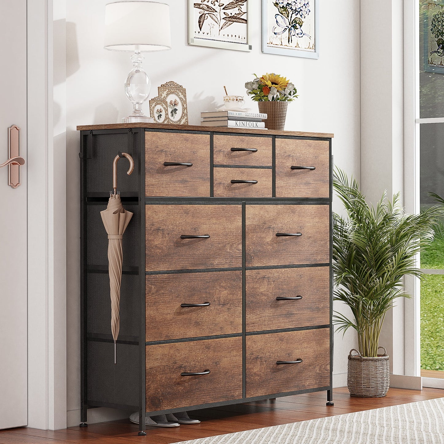 10 Drawer Dresser, Chest of Drawers for Bedroom Fabric Dressers with Side Pockets and Hooks, Brown