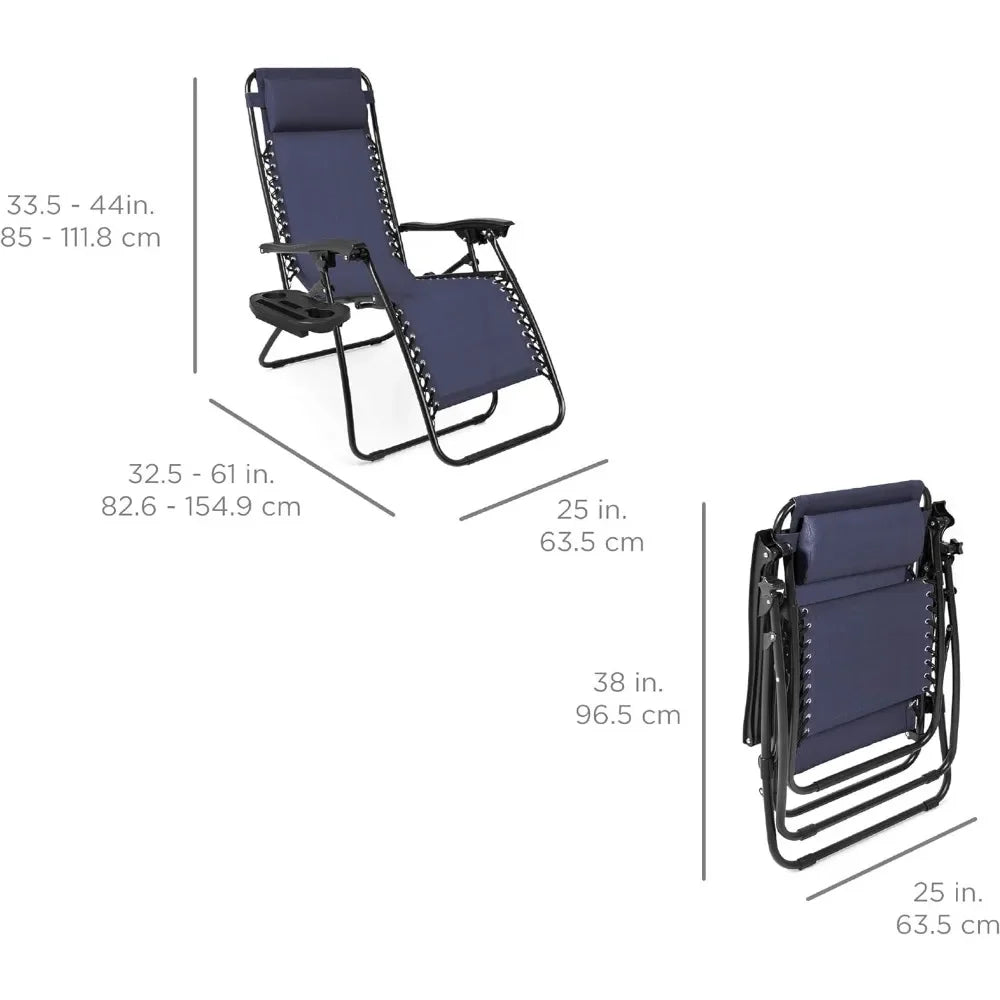Set of 2 Adjustable Steel Mesh Zero Gravity Lounge Chair Recliners W/Pillows and Cup Holder Trays, Outdoor Lounge Chair