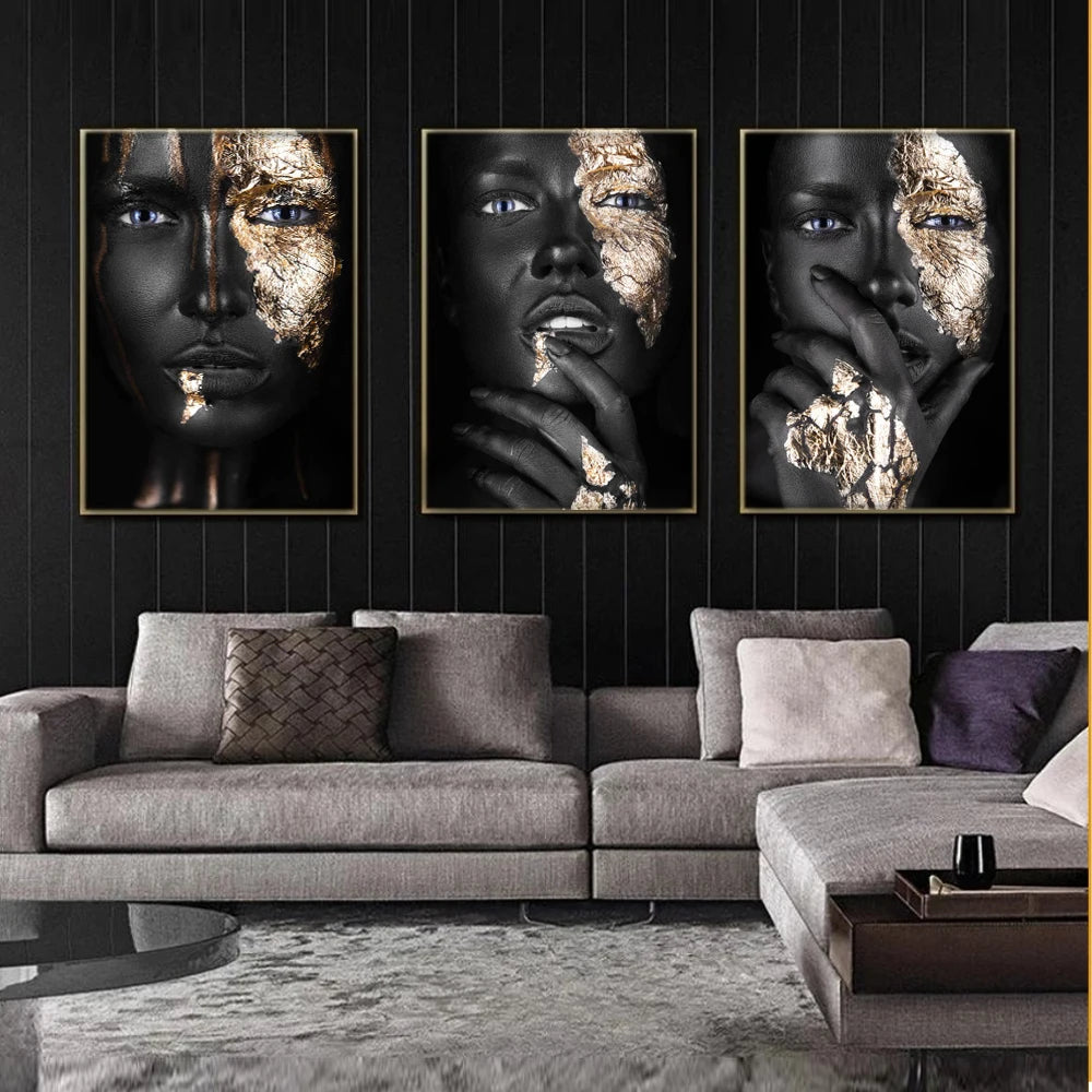 Black Gold Silver Nude African Art Woman Painting on Canvas Cuadros Posters and Prints Scandinavian Wall Picture for Living Room