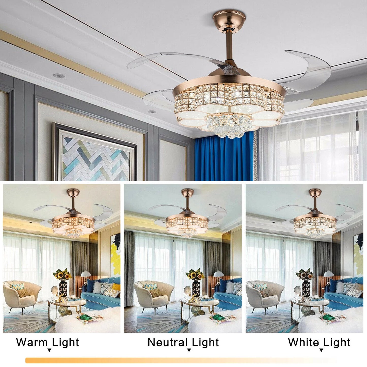 42" Crystal Ceiling Fan with Light, LED Dimmable Gold 3-Color 3-Speed Retractable Pendant Fan Lamp W/Remote