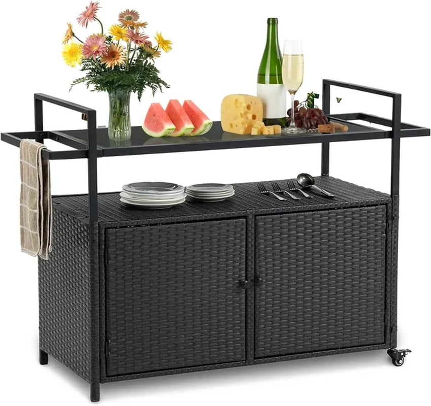 Wicker Outdoor Bar Cart - Gradient Patio Console Storage Table Buffet Cabinet Serving Kitchen Cart with Wheels for Backyard