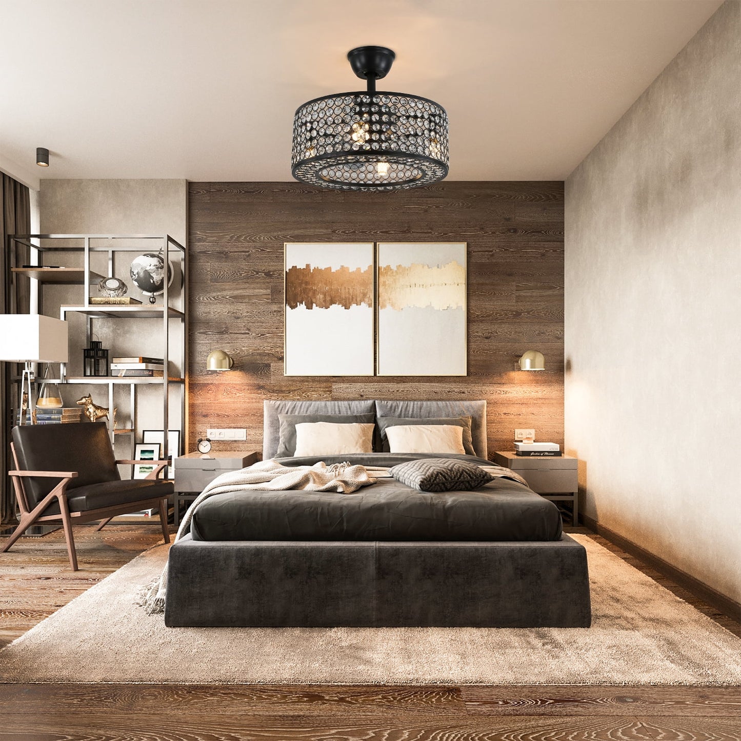 18" Caged Crystal Ceiling Fan Light Modern Enclosed Invisible Chandelier 7 Blades 3 Speed Remote Pendant Lamp 4Xe14