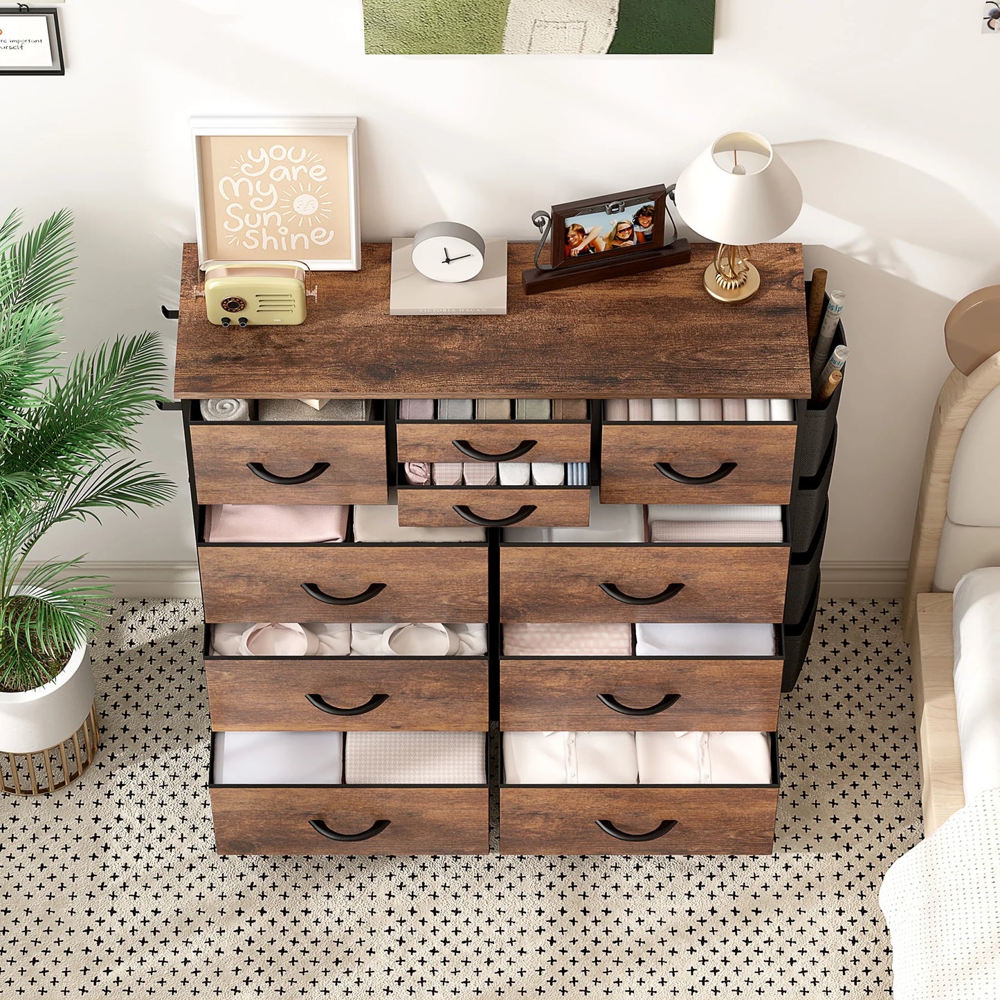 10 Drawer Dresser, Chest of Drawers for Bedroom Fabric Dressers with Side Pockets and Hooks, Brown