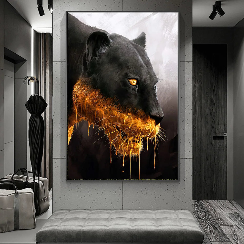 Hunting Black Golden Panther Luxury Canvas Painting Animal Posters and Print Wall Art Pictures for Living Room Home Decor
