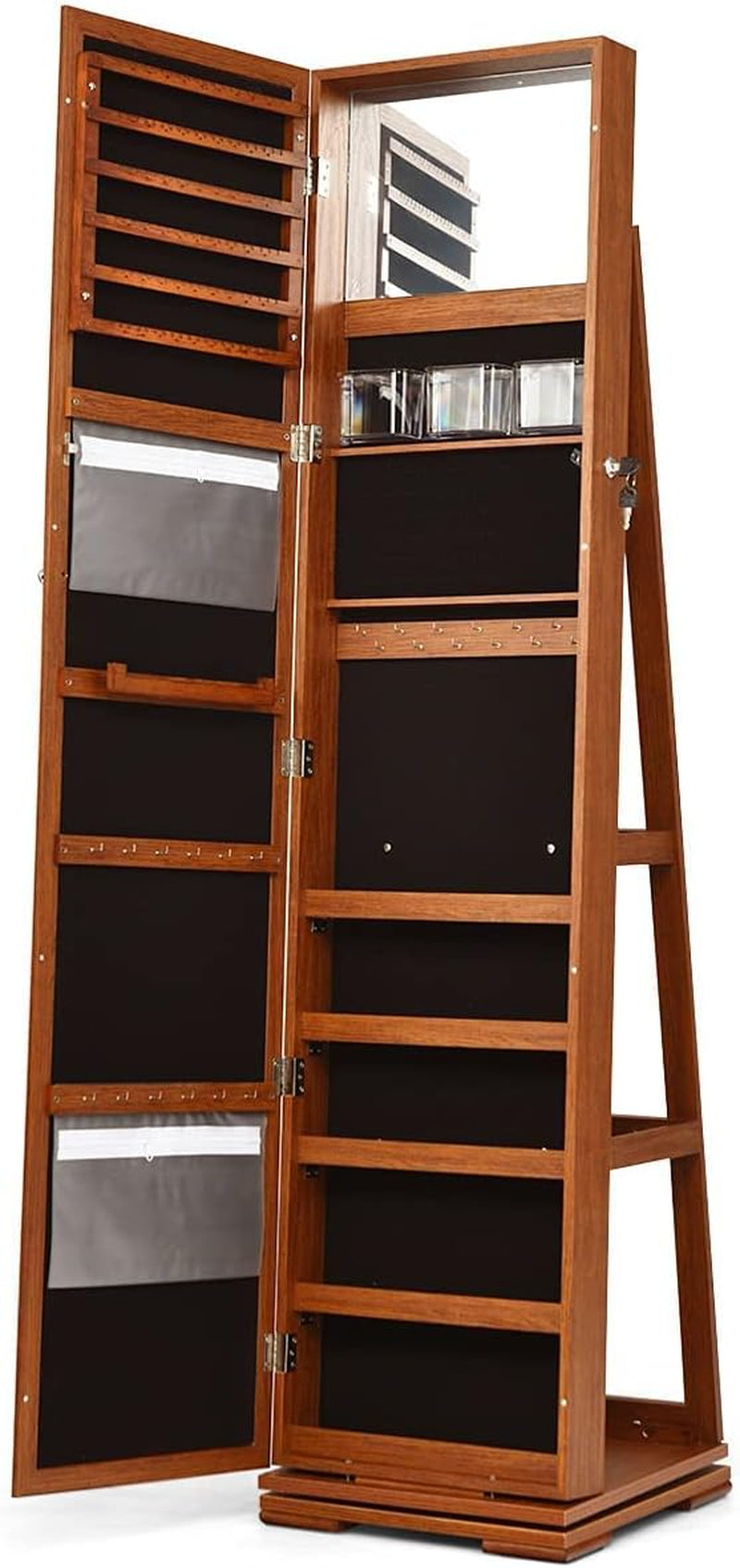360° Swivel Jewelry Armoire with Higher Full Length Mirror, Standing Lockable Jewelry Cabinet Organizer with Large Storage Capacity, inside Makeup Mirror, Rear Storage Shelves (Walnut)