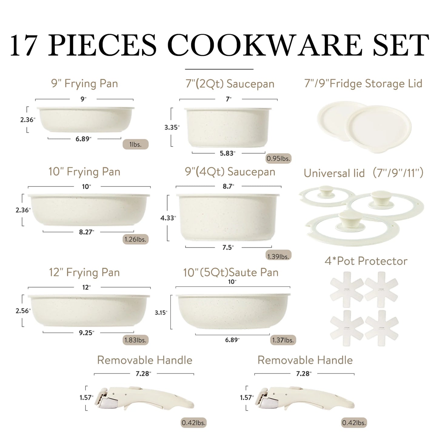 Nonstick Cookware Sets, 17 Pcs Granite Non Stick Pots and Pans Set with Removable Handle