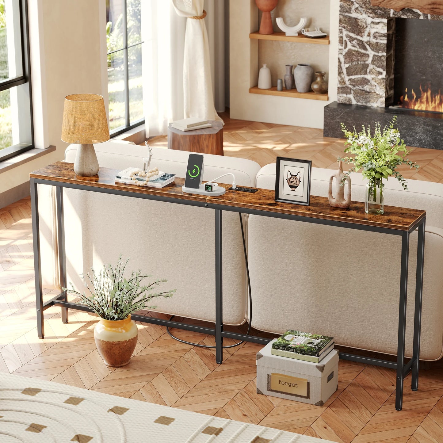 70" Console Table Sofa Table with Charging Station, Narrow Entryway Table, Wood Hallway Table, behind Couch Table, Metal Frame, Retro Brown