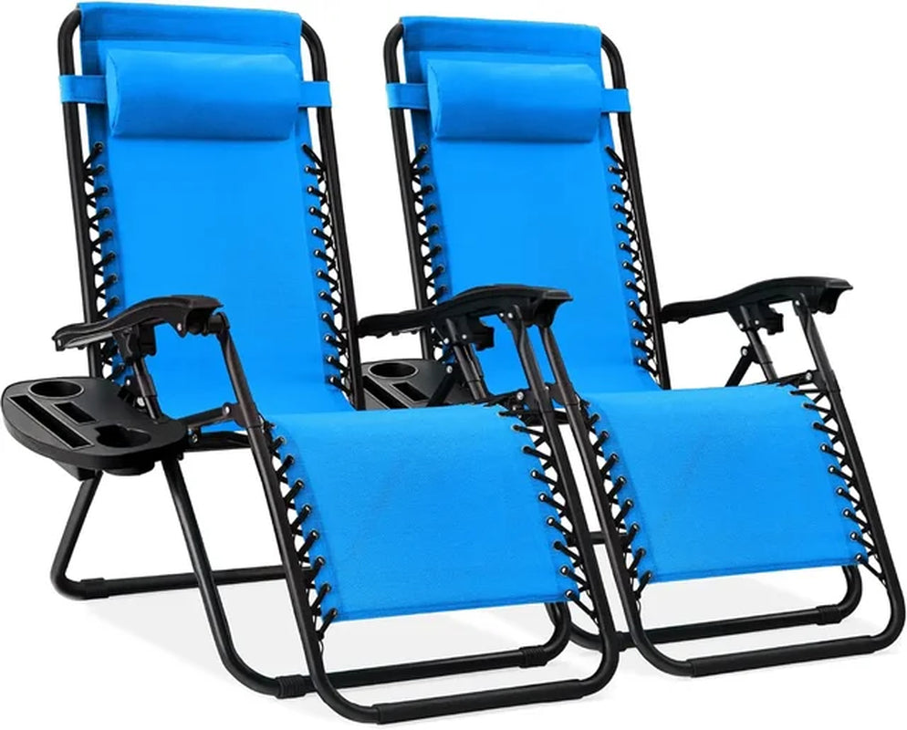Set of 2 Adjustable Steel Mesh Zero Gravity Lounge Chair Recliners W/Pillows and Cup Holder Trays, Outdoor Lounge Chair