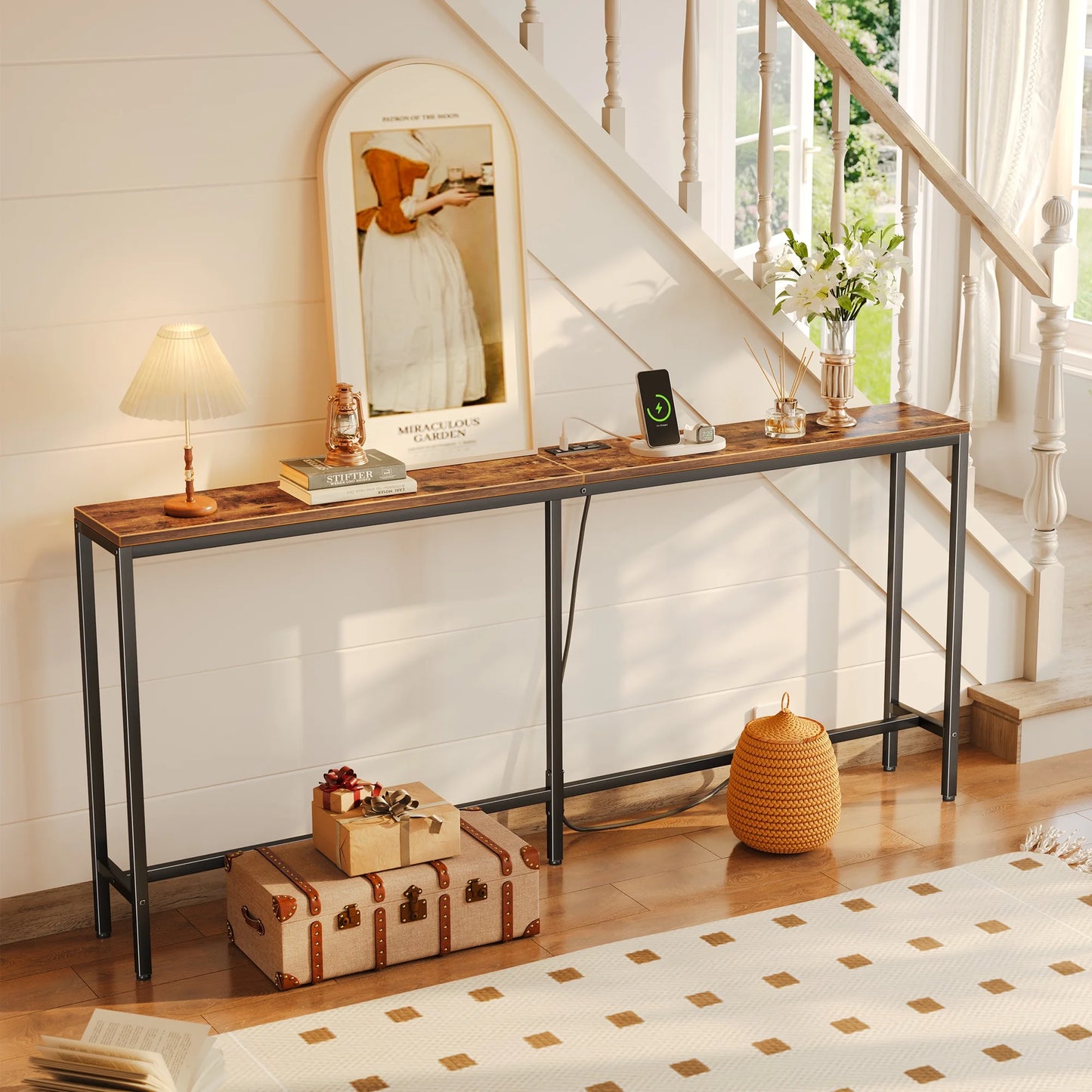 70" Console Table Sofa Table with Charging Station, Narrow Entryway Table, Wood Hallway Table, behind Couch Table, Metal Frame, Retro Brown