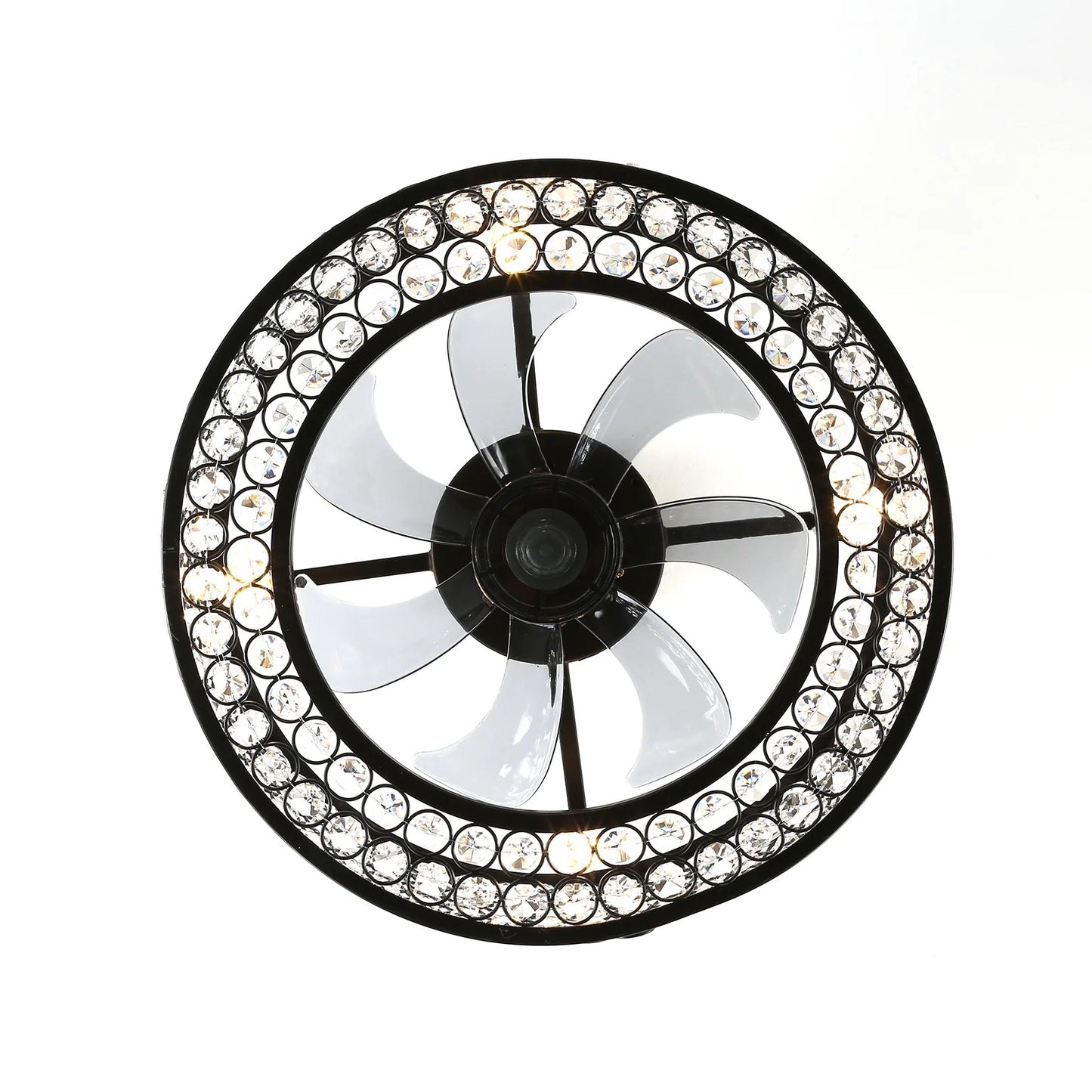 18" Caged Crystal Ceiling Fan Light Modern Enclosed Invisible Chandelier 7 Blades 3 Speed Remote Pendant Lamp 4Xe14