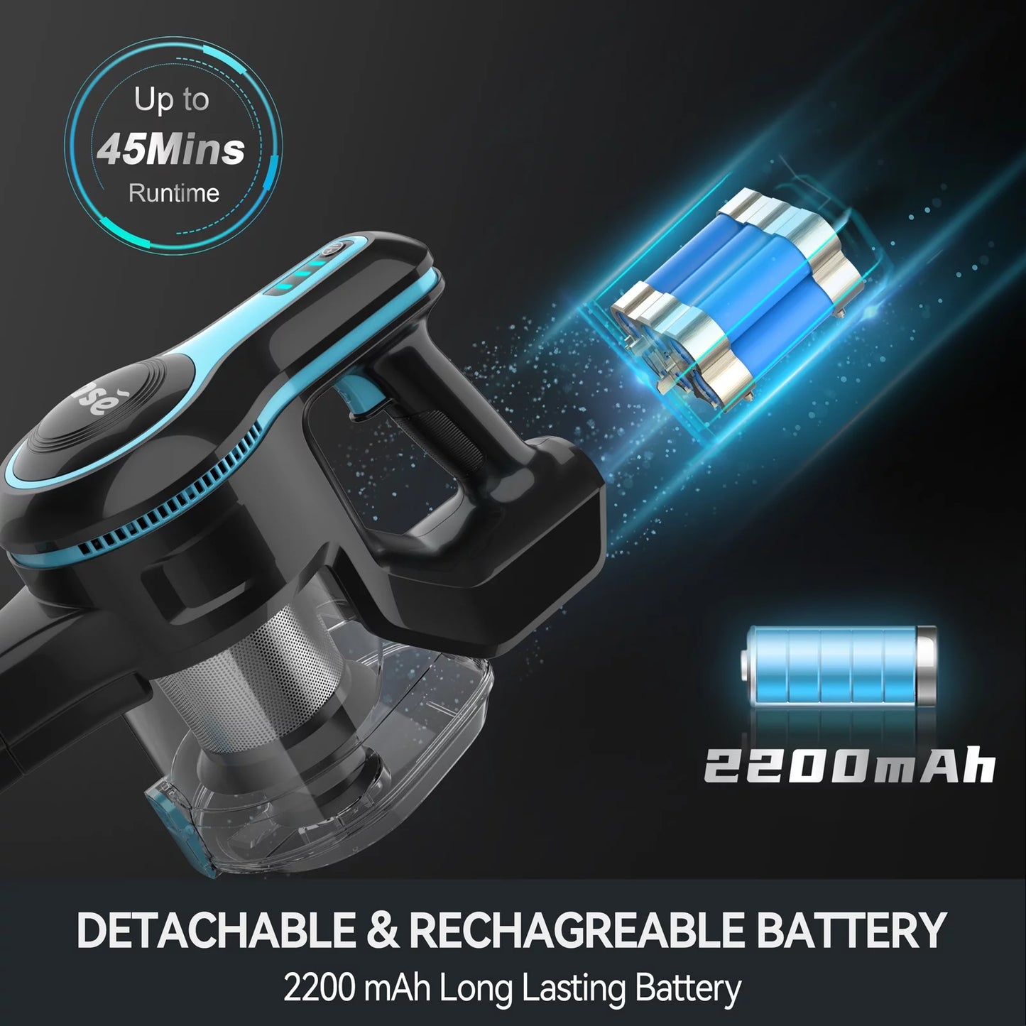 Cordless Vacuum Cleaner, 6 in 1 Powerful Suction Lightweight Stick Vacuum with 2200Mah Rechargeable Battery, up to 45Min Runtime, for Home Furniture Hard Floor Carpet Car Hair