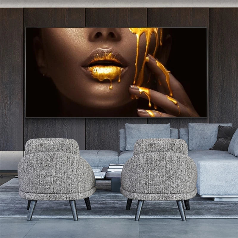 Black Women Face with Golden Liquid Canvas Poster Large Size Modern Wall Art Canvas Pictures for Modern Living Room Home Decor