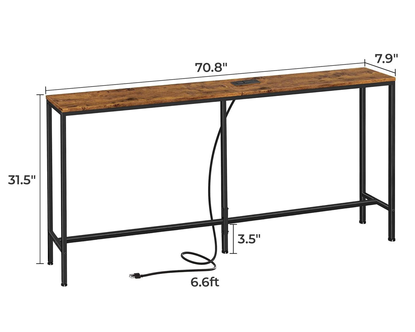 70" Console Table Sofa Table with Charging Station, Narrow Entryway Table, Wood Hallway Table, behind Couch Table, Metal Frame, Retro Brown