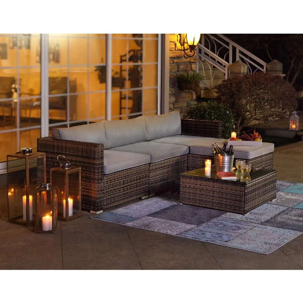 5-Piece Outdoor Furniture All-Weather Mottlewood Brown Wicker Sectional Sofa W Warm Gray Thick Cushions, Glass-Top Coffee Table