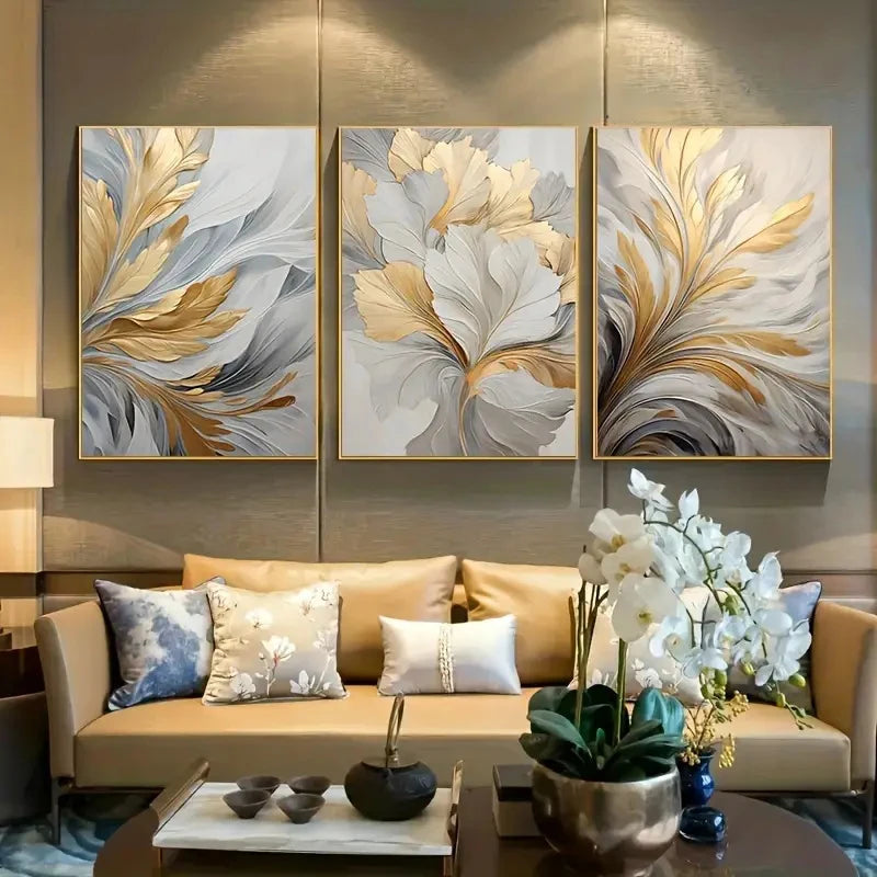 3Pcs/Set Golden White Leaves Poster Canvas Print Wall Art Luxury Posters Living Room Bedroom Office Hallway Decoration Painting