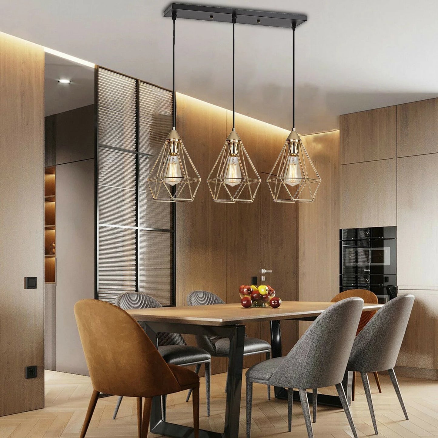 Vintage Industrial Chandelier Champagne Gold Metal 60W 3Xe26 Pendant Light Adjustable Hanging Lamp for Kitchen