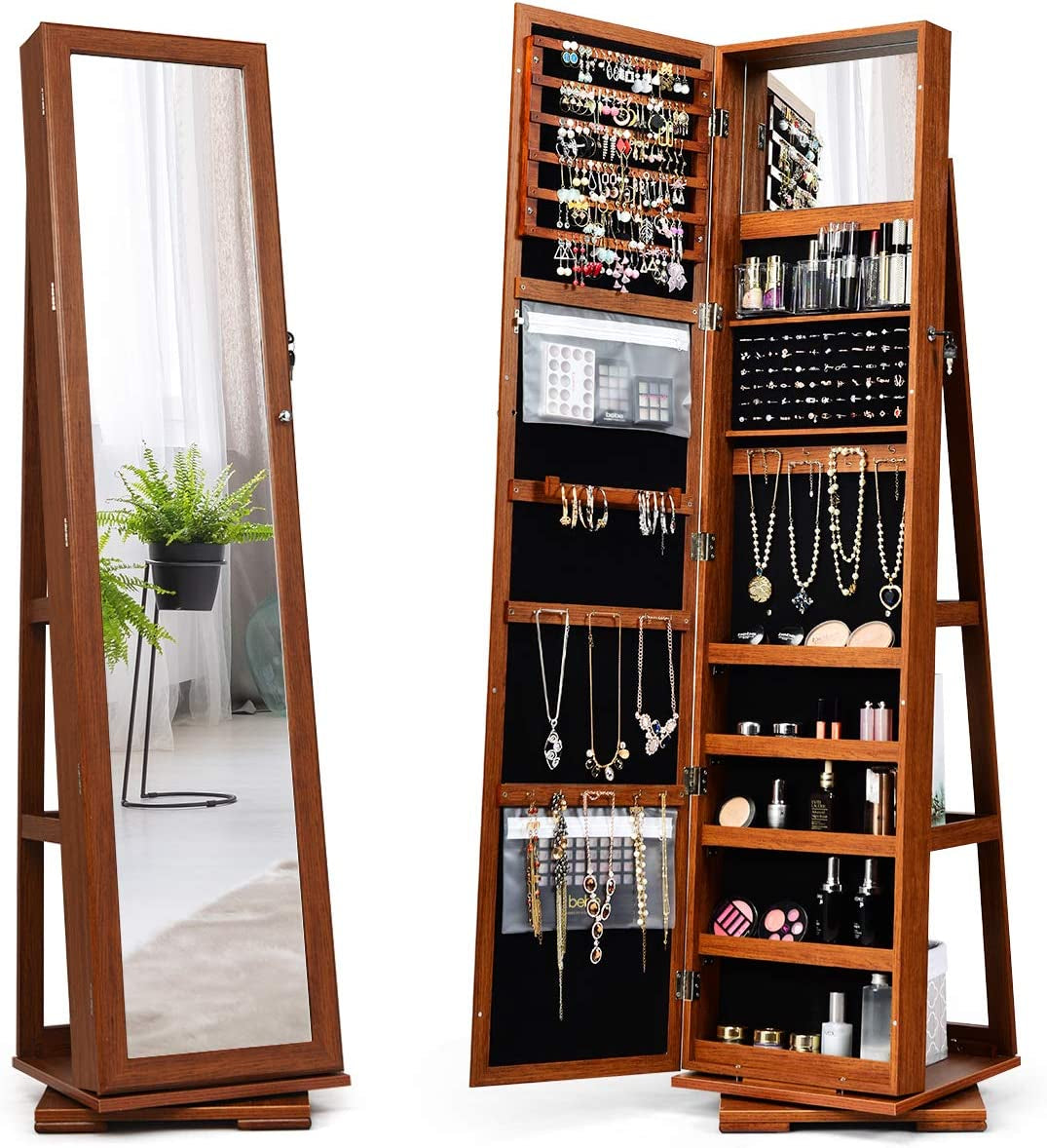 360° Swivel Jewelry Armoire with Higher Full Length Mirror, Standing Lockable Jewelry Cabinet Organizer with Large Storage Capacity, inside Makeup Mirror, Rear Storage Shelves (Walnut)