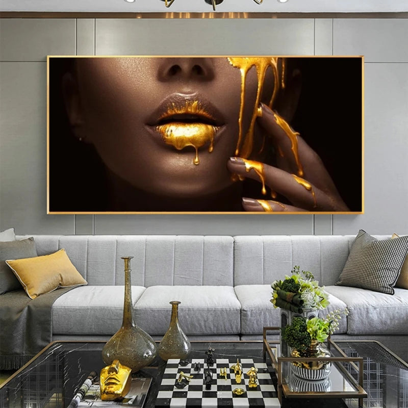 Black Women Face with Golden Liquid Canvas Poster Large Size Modern Wall Art Canvas Pictures for Modern Living Room Home Decor