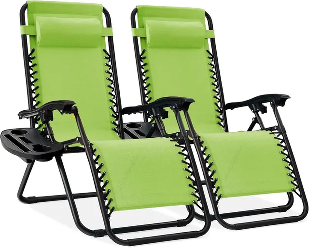Set of 2 Adjustable Steel Mesh Zero Gravity Lounge Chair Recliners W/Pillows and Cup Holder Trays, Outdoor Lounge Chair