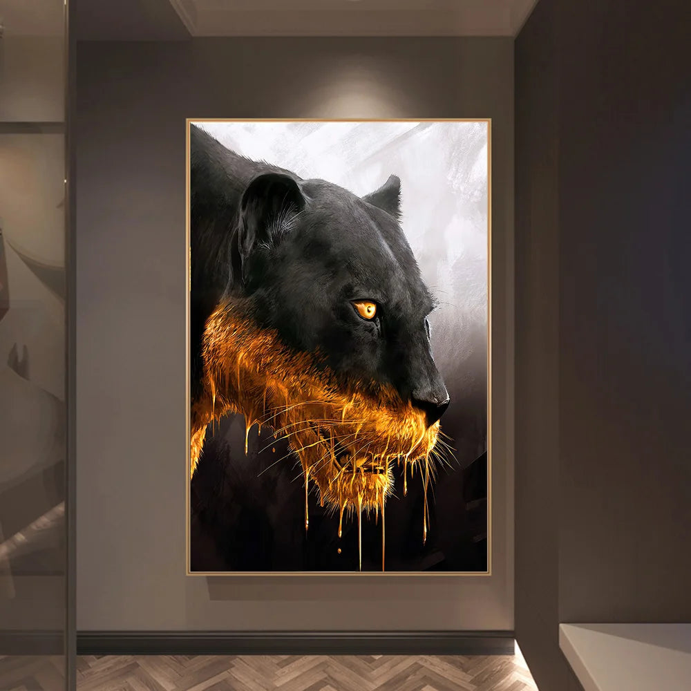 Hunting Black Golden Panther Luxury Canvas Painting Animal Posters and Print Wall Art Pictures for Living Room Home Decor