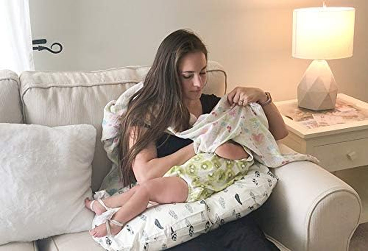 Nursing Pillow Cover Slipcover,100% Organic Cotton ,Soft and Comfortable,Feathers Design,Maternity Breastfeeding Newborn Infant Feeding Cushion Cover, ZT01