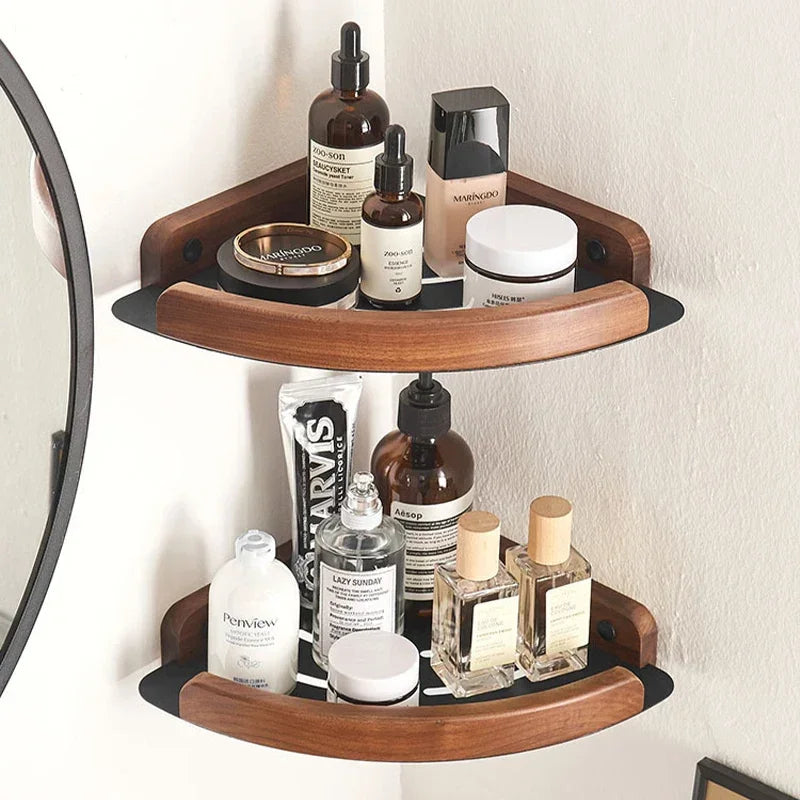 Bathroom Shelves Wall Mountedspace Aluminum+Wood Shower Corner Storage Shelf Multilayer Kitchen Organizer Rack Black+White