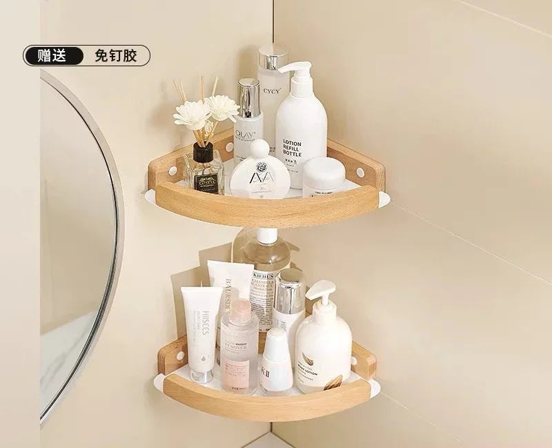 Bathroom Shelves Wall Mountedspace Aluminum+Wood Shower Corner Storage Shelf Multilayer Kitchen Organizer Rack Black+White