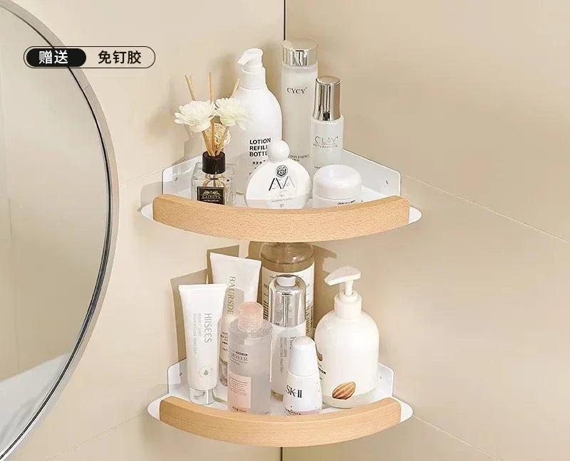 Bathroom Shelves Wall Mountedspace Aluminum+Wood Shower Corner Storage Shelf Multilayer Kitchen Organizer Rack Black+White