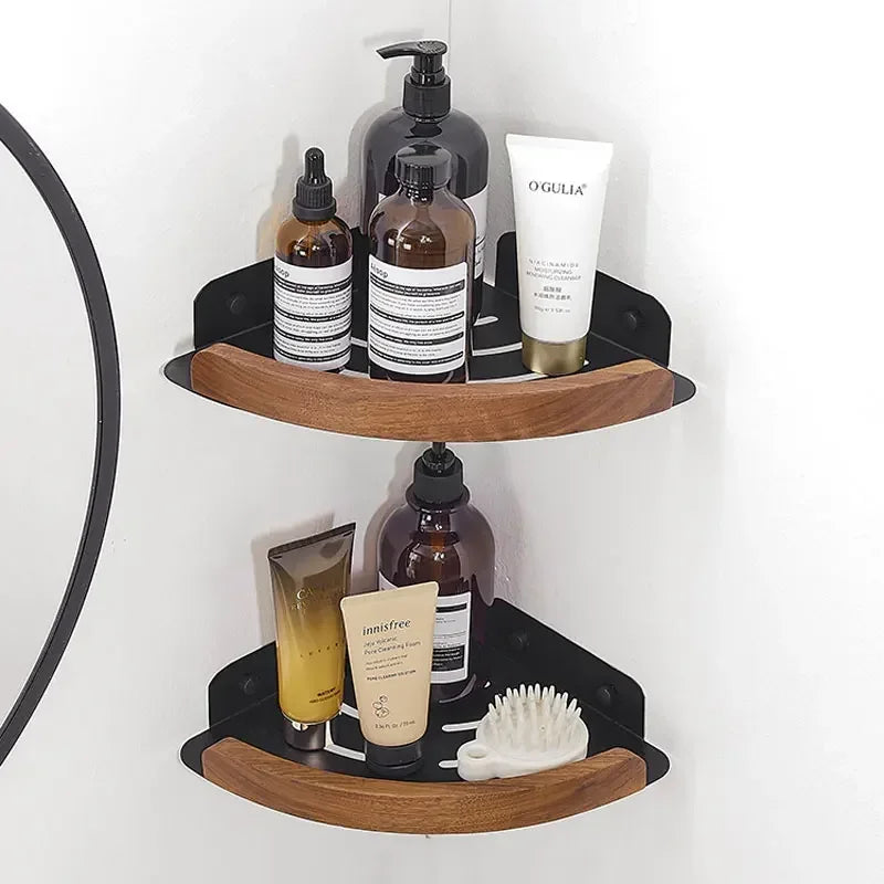Bathroom Shelves Wall Mountedspace Aluminum+Wood Shower Corner Storage Shelf Multilayer Kitchen Organizer Rack Black+White