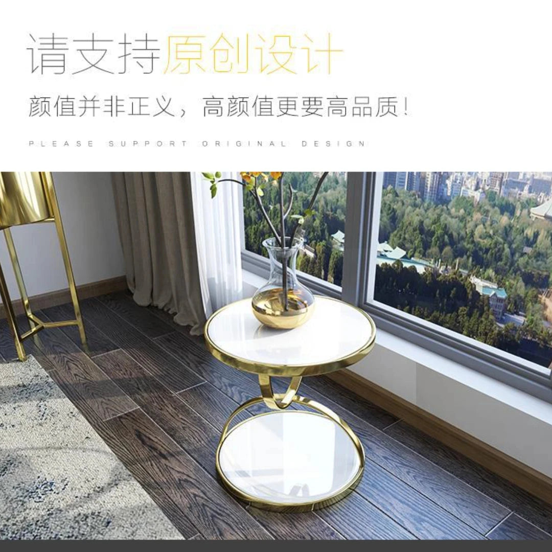 Light Luxury Tempered Glass Double Corner Table Living Room Sofa Side round Table Postmodern Balcony Coffee Table GN741TB