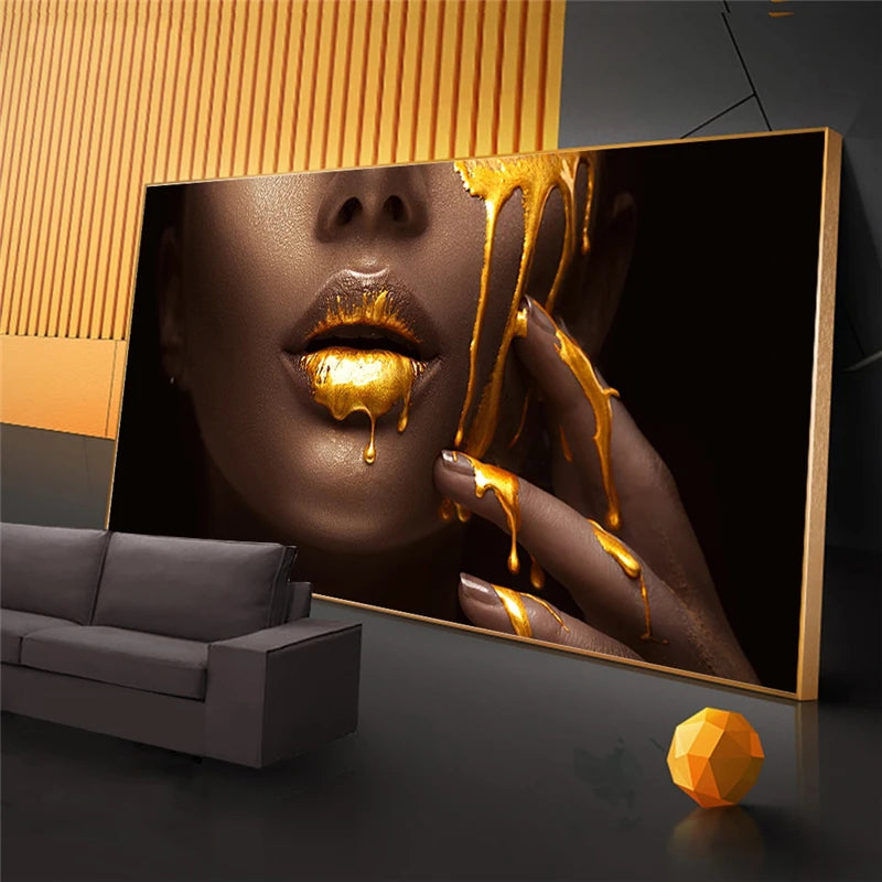 Black Women Face with Golden Liquid Canvas Poster Large Size Modern Wall Art Canvas Pictures for Modern Living Room Home Decor