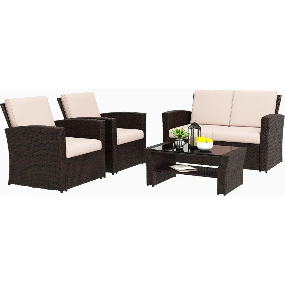 4 Piece Outdoor Patio Furniture Sets, Rattan Sofa Chair with Cushion for Backyard Lawn Garden (Brown)